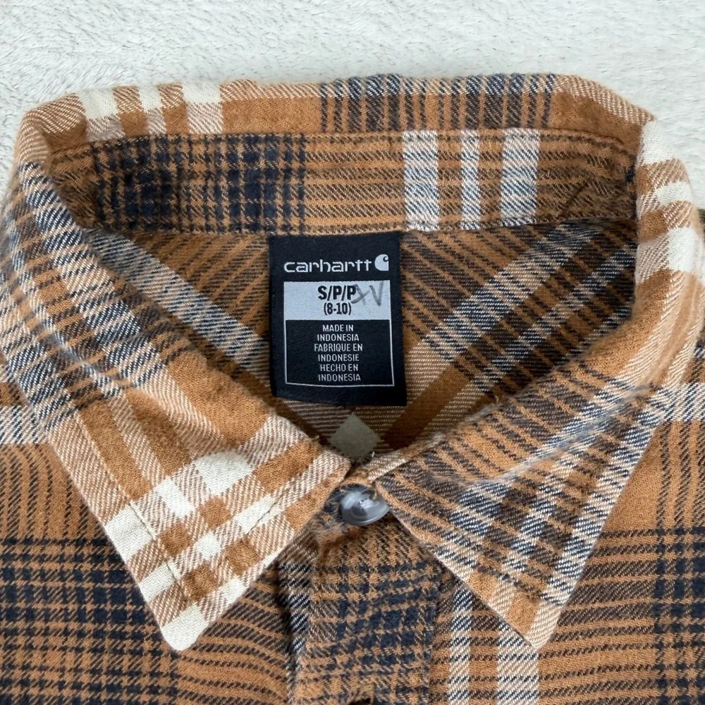 Carhartt Kids Brown Plaid Flannel Long Sleeve‎ Button Up Shirt Size S  (8-10)